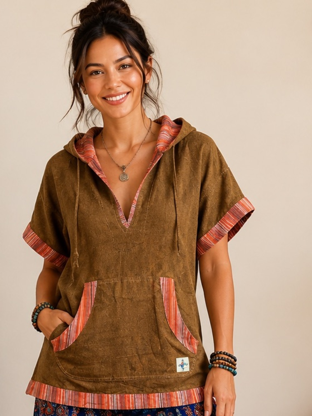 H76.New Brown Hooded Pullover Top with Orange Stripe Trim cotton